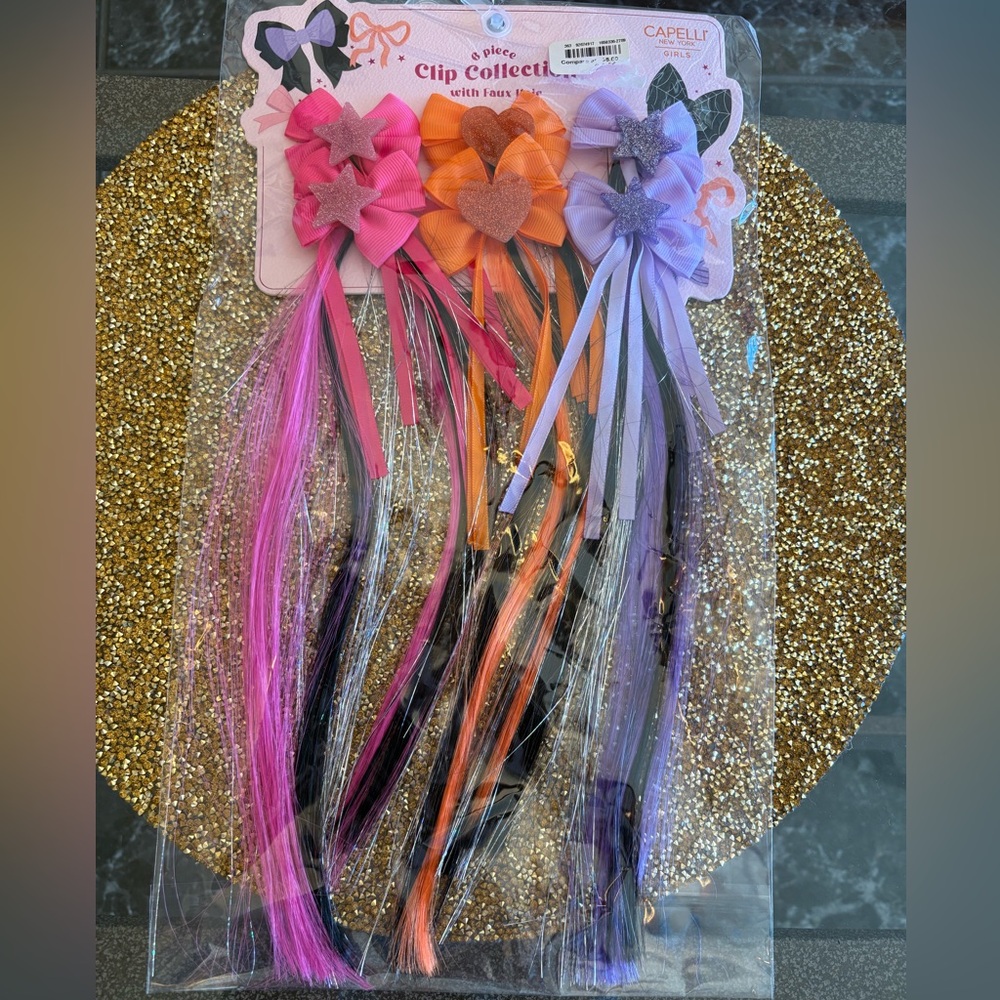 Capelli of New York NWT Hair Clips, Pink, Orange, Purple and Faux Hair 6 pieces